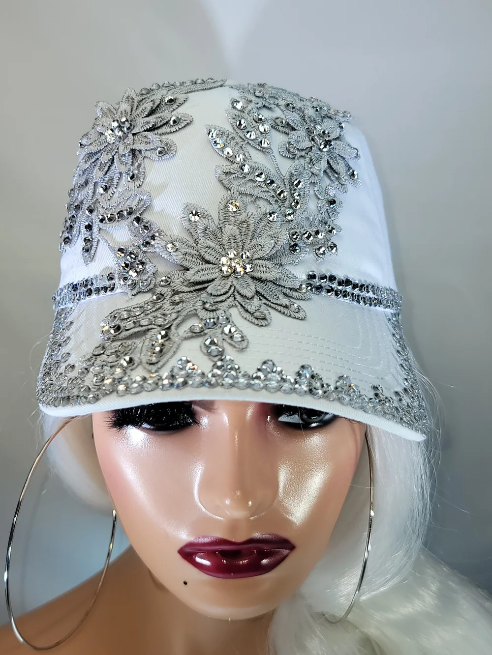 Embellished White Floral Rhinestone Baseball Cap - Picture 8 of 11